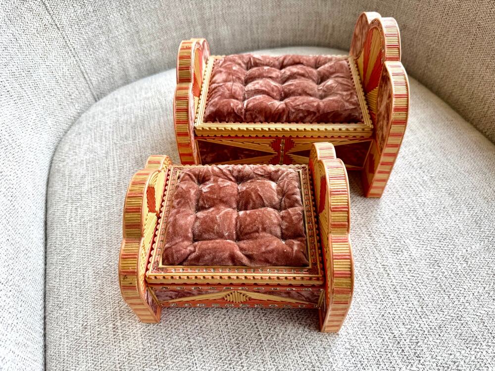 Vintage Matchstick Folk Art Jewelry Boxes – Bed & Daybed Set, Art Deco Sunburst